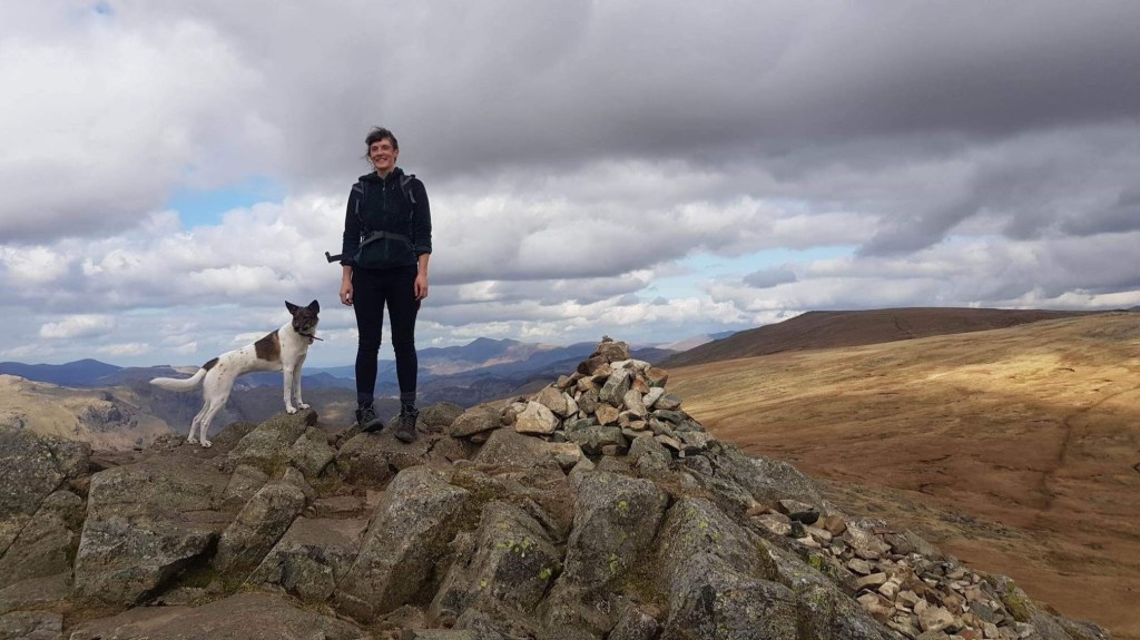 Image of woman with brown hair standing next to a brown and white dog on a hill next to a cairn with mountain peaks in the background. 